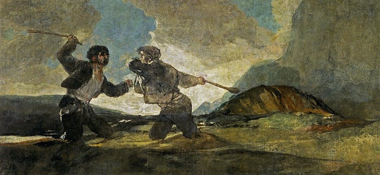 Pintura que representa a dos hombres pegándose a garrotazos en un paisaje montañoso.