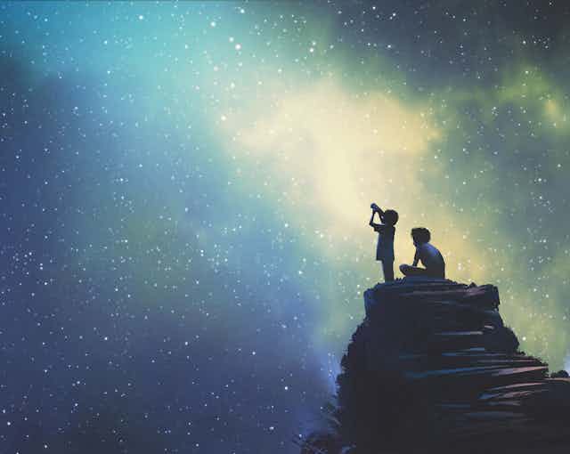 Illustration of children looking through telescope at night sky