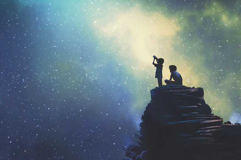 Illustration of children looking through telescope at night sky
