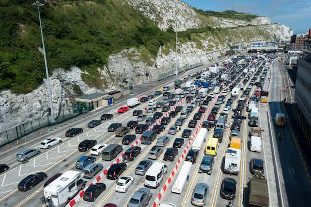 Queues of traffic waiting for ferries at Dover.