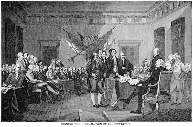 Illustration of Founding Fathers signing the Declaration of Independence