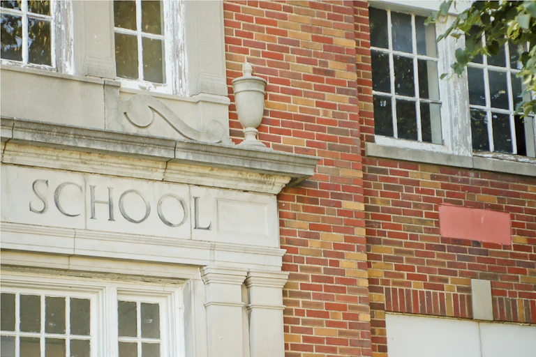 Front entrance of an old school.