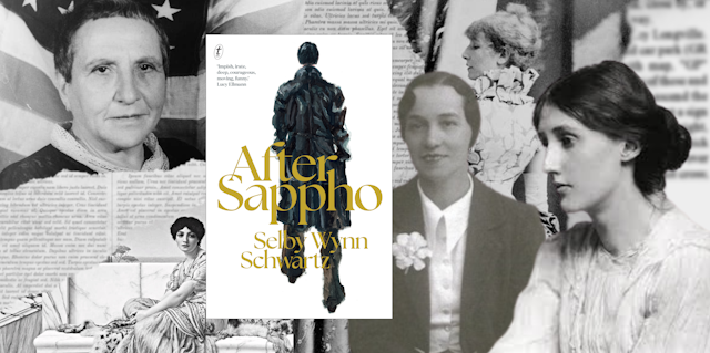 a collage of famous queer women, with the book cover of After Sappho.