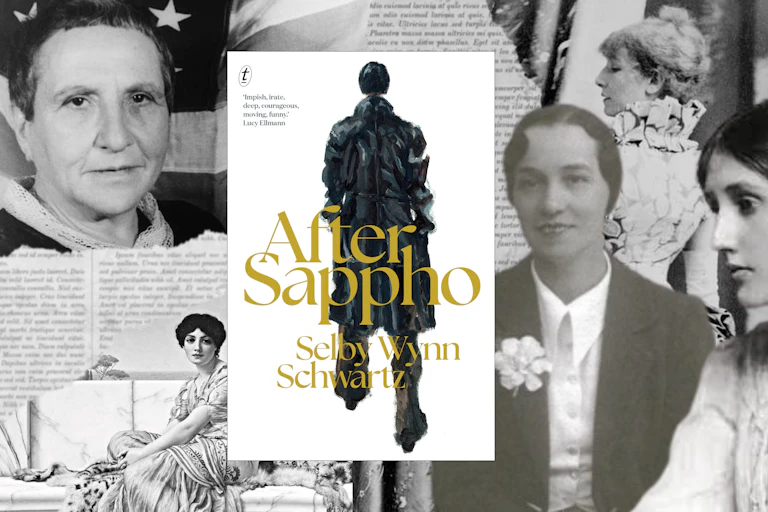 a collage of famous queer women, with the book cover of After Sappho.
