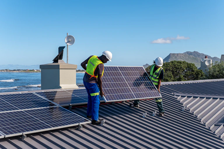 Two men install solar panels on a roof of a house near the ocean.