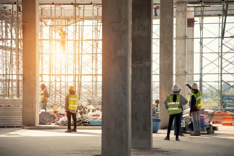 Group of construction workers in safety uniform on the site of a concrete construction project.