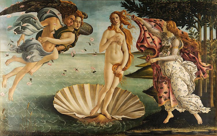 A nude woman, Venus, standing inside a shell, covers her breasts and vulva surrounded by other deities from Greek mythology.