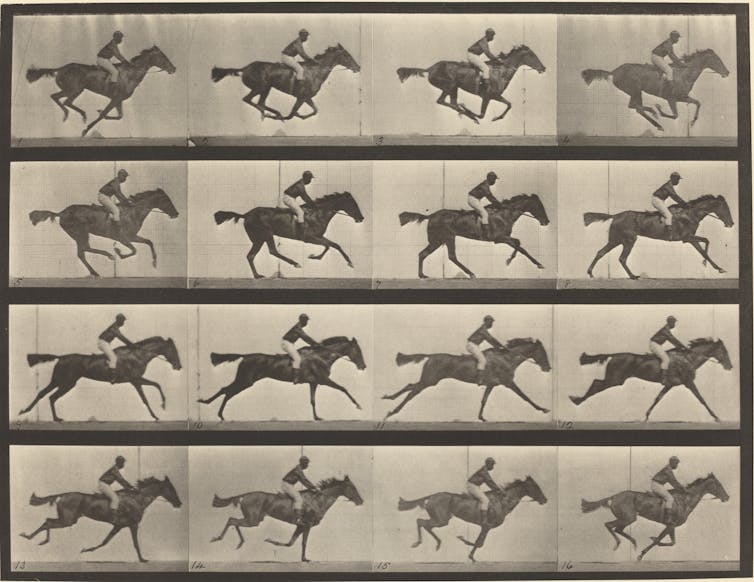 A series of photographs showing a man galloping on a horse
