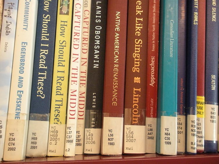 A row of books with Indigenous and related themes on a shelf is seen with their indexing numbers.