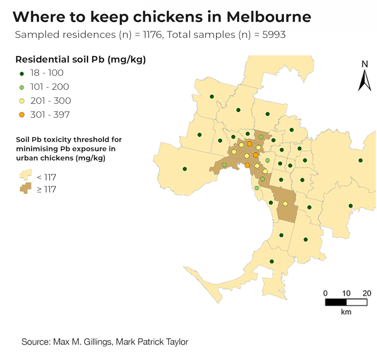 Map of Melbourne showing areas of high and low lead risk for backyard chickens