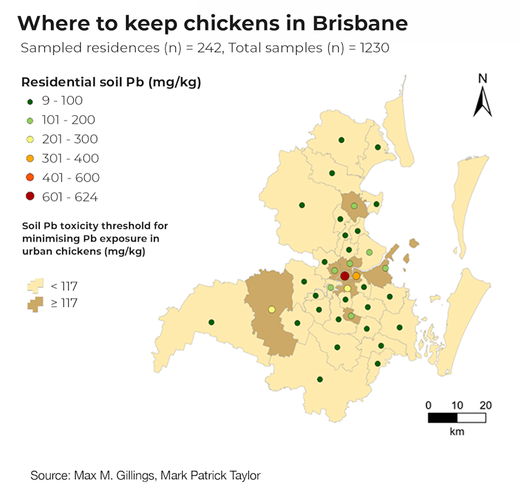 Map of Brisbane showing areas of high and low lead risk for backyard chickens
