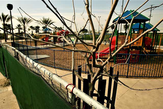 A park with plastic playground equipment, palm trees and a fence around it