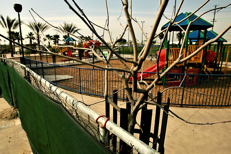 A park with plastic playground equipment, palm trees and a fence around it