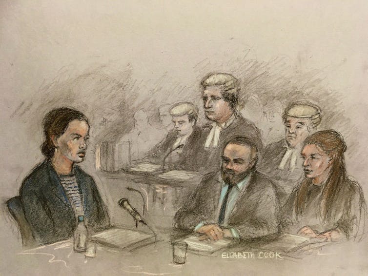 Court artist sketch of Rebekah Vardy being questioned by a barrister as Coleen and Wayne Rooney observe.