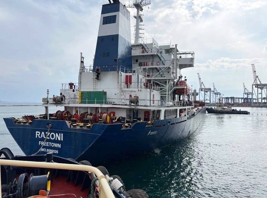  Sierra Leone-flagged cargo ship Razoni as it leaves the port of Odesa, Ukraine, 01 August 2022. 