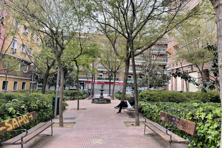 Hombre sentado en un banco en una plaza urbana con vegetación y una fuente