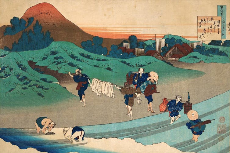 Painting of people washing in a river
