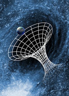 Diagram of a wormhole, a tube with two funnel-shaped ends, next to a planet