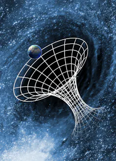 Diagram of a wormhole, a tube with two funnel-like ends, next to a planet