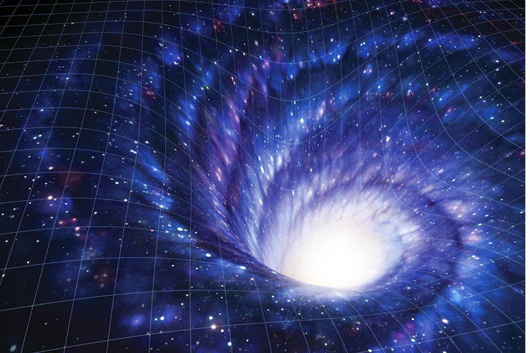A spiraling funnel shape leading to a bright light, signifying one end of a wormhole