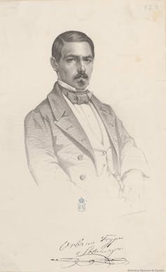 Retrato dibujado de un hombre con bigote y perilla, elegantemente vestido con chaqueta y pajarita.