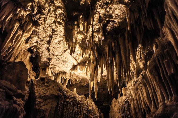 Stalactites droop from the partially lit ceiling of a cave.