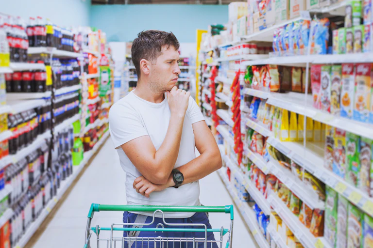 Shopper looking at supermarket shelves.