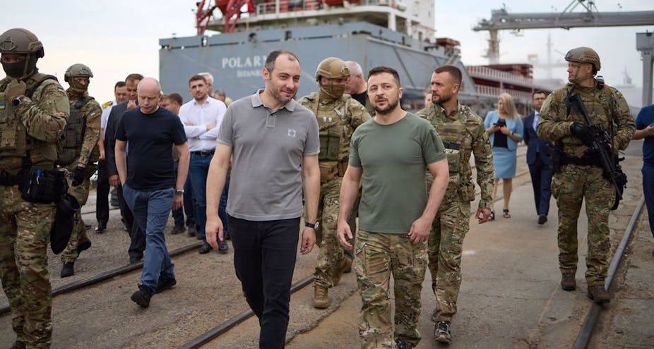 Ukrainian president Volodymyr Zelensky and G7 ambassadors, Odessa port, ship, military