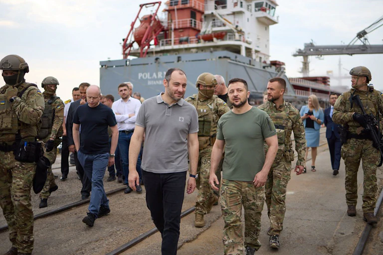 Ukrainian president Volodymyr Zelensky and G7 ambassadors, Odessa port, ship, military