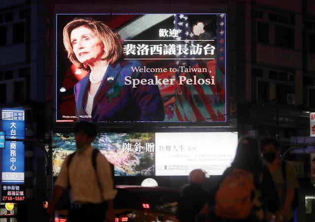 A billboard in Taiwan shows Nancy Pelosi with the words 'Welcome to Taiwan.'