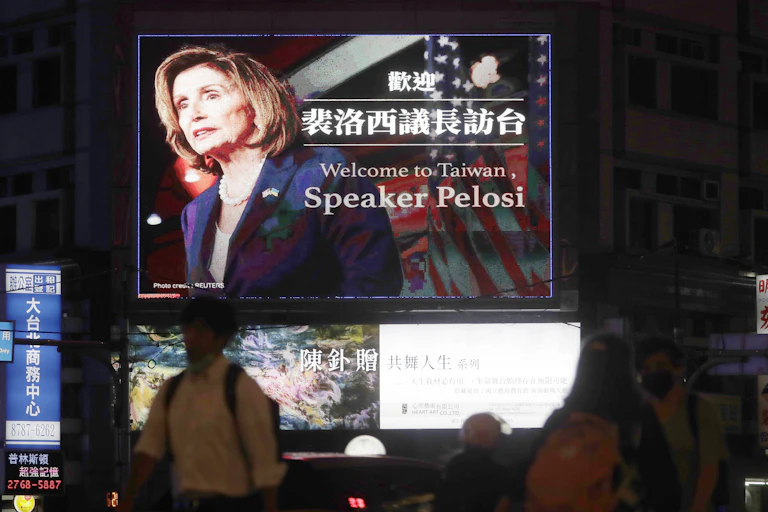 A billboard in Taiwan shows Nancy Pelosi with the words 'Welcome to Taiwan.'