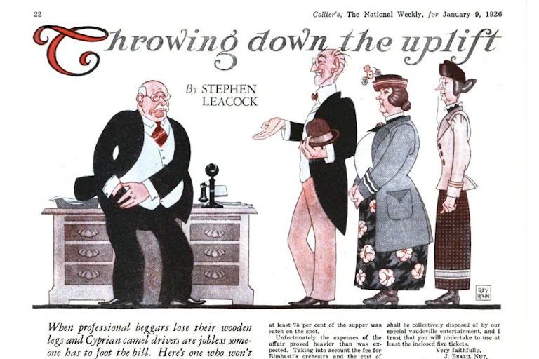 A newspaper clipping from The National Weekly shows a man reaching into his pocket, giving handouts