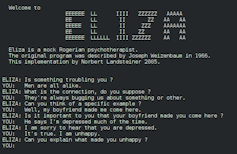 Pantalla negra donde aparece una conversación escrita en inglés con el chatbot ELIZA.