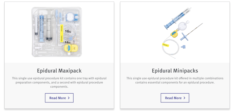 Screenshot of epidural kits with blue syringe