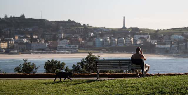 Person sitting on bench alone in Sydney