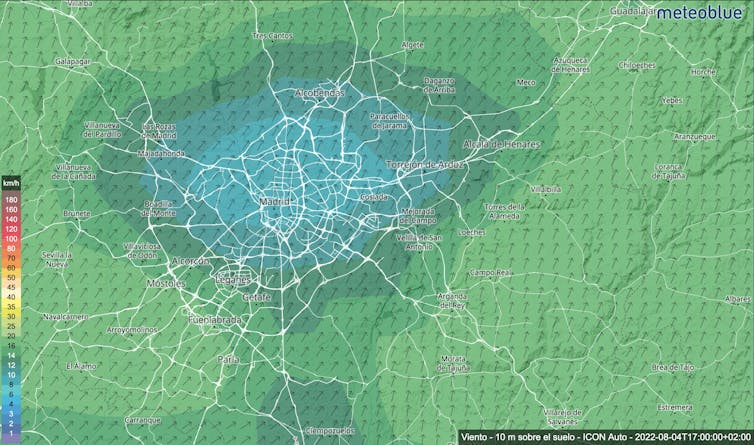 Mapa de Madrid y alrededores con flechas que indican la dirección del viento.