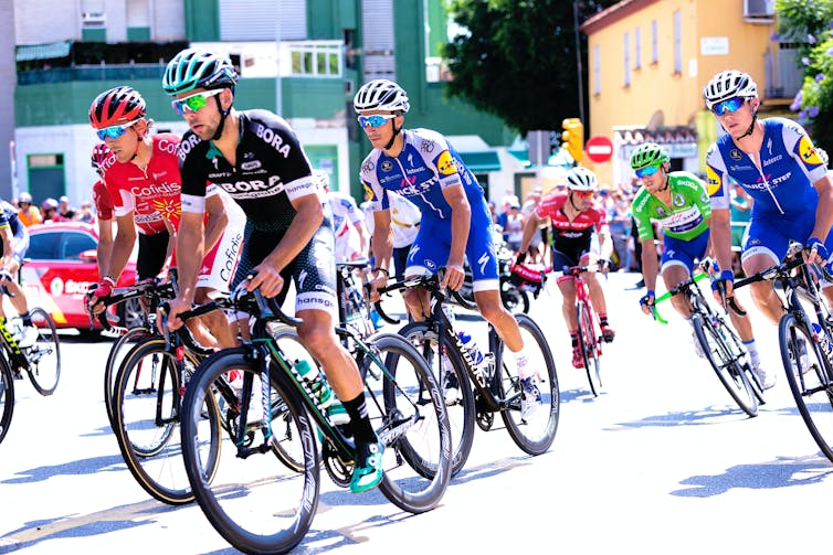 A group of cyclists participating in a road race