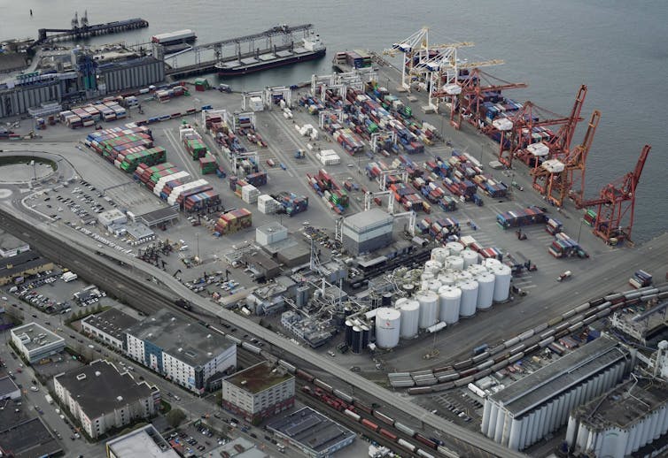 Cargo containers and ships at the Port of Metro Vancouver are seen in an aerial view in Vancouver