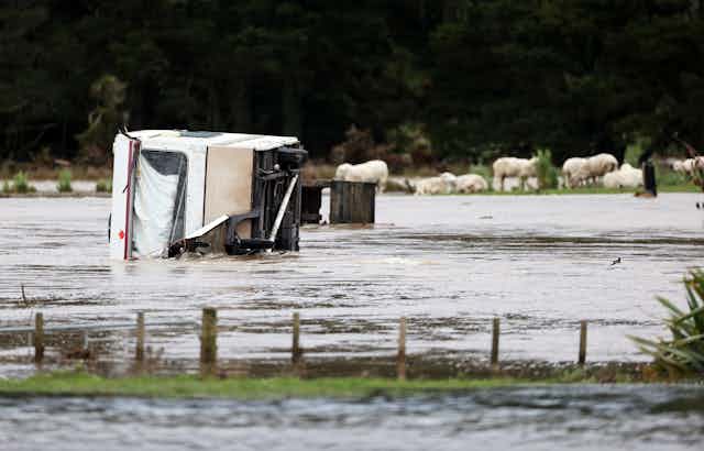 A caravan partly submerged during recent floods in the Auckland region.