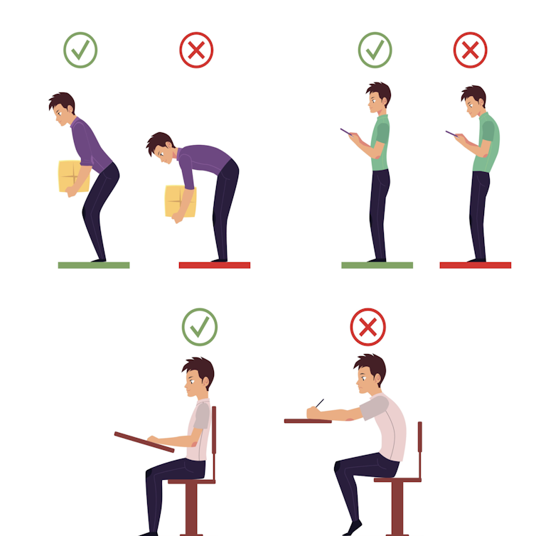 Poster showing man squatting to lift a box with a tick, bending over to lift a box with a cross
