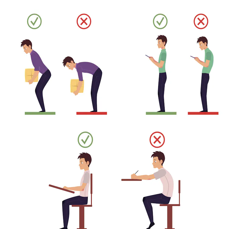 Poster showing man squatting to lift a box with a tick, bending over to lift a box with a cross