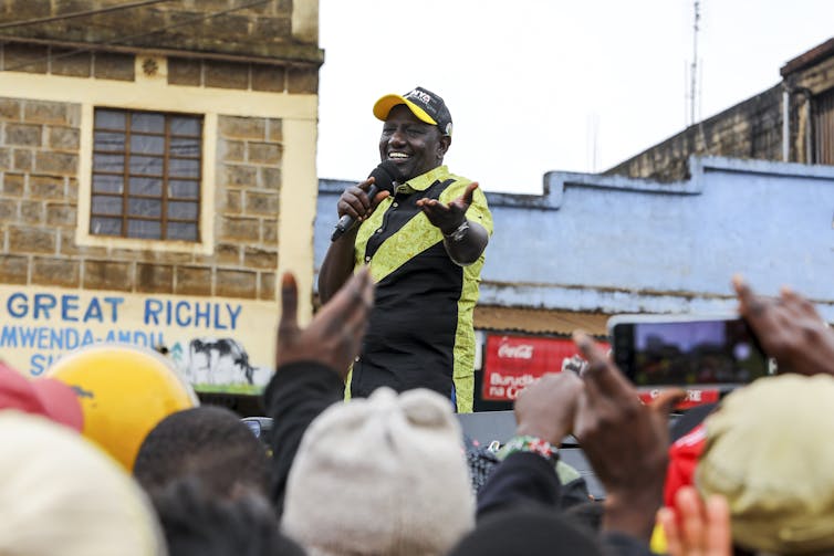 Kenya's Deputy President and the Kenya Kwanza Coalition presidential candidate, William Ruto, addresses a crowd of supporters at a political rally, July 2022.