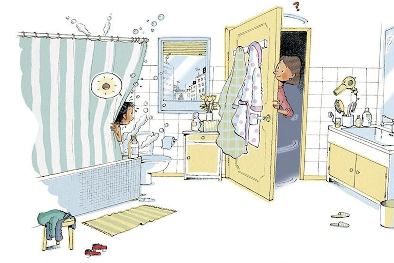 Dibujo de una niña que aparta la cortina de la ducha para preguntarle algo a su madre, que se asoma por la puerta.