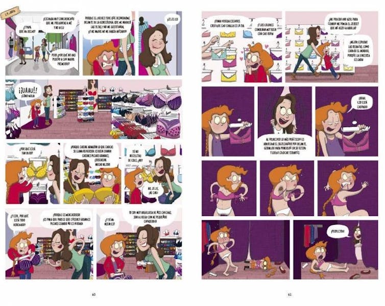 Diferentes páginas de un cómic que siguen a una adolescente que se va a comprar un sujetador.