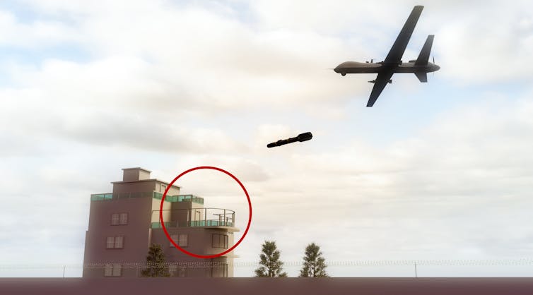 A drone launching a missile at a residential building.
