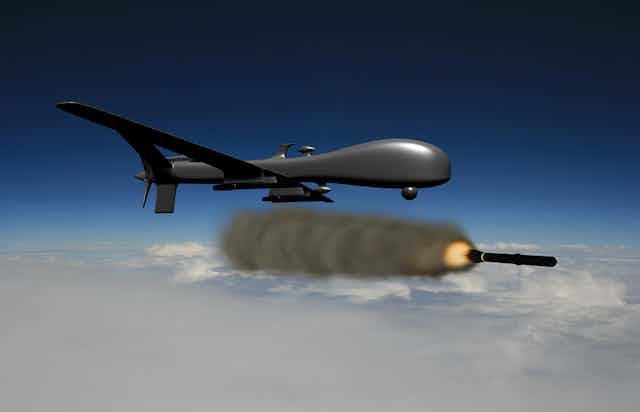 CGI image of drone above clouds firing missile