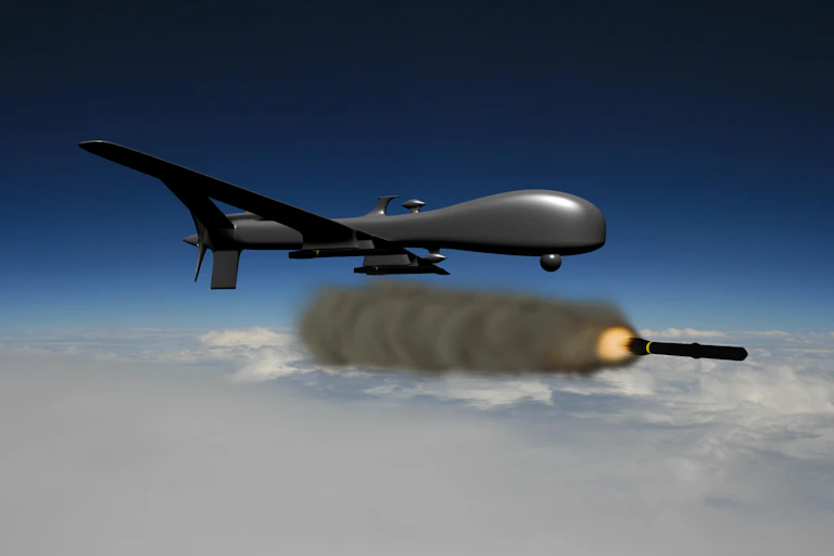CGI image of drone above clouds firing missile