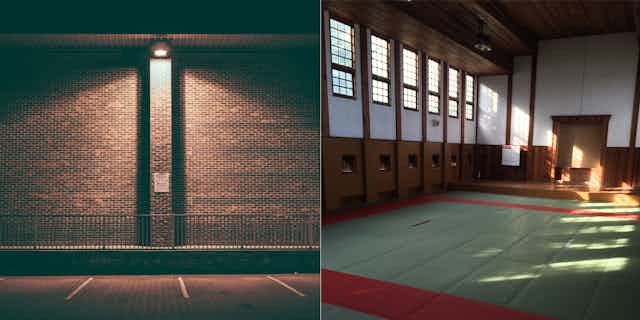 On the left, parking spaces in front of a brick wall at night; at right, interior of a large wooden hall with light coming through windows