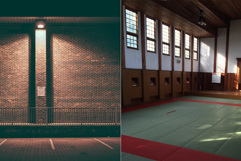 On the left, parking spaces in front of a brick wall at night; at right, interior of a large wooden hall with light coming through windows