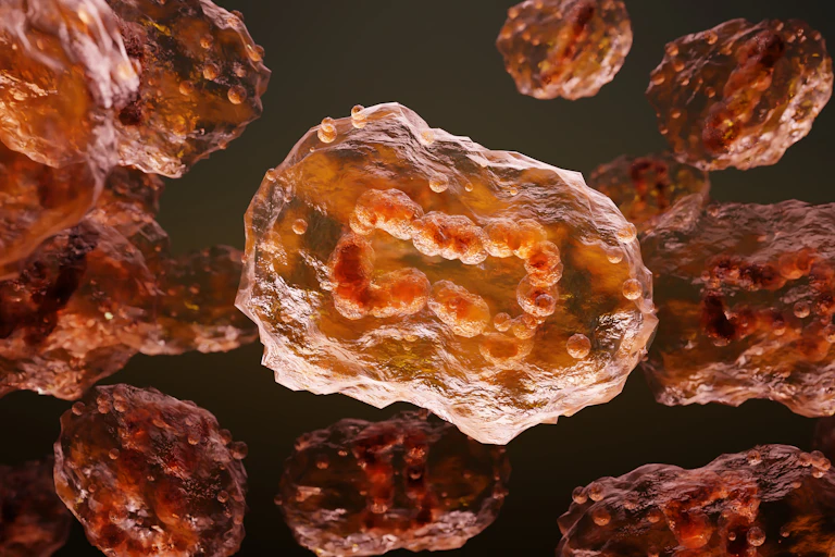 3D illustration of monkeypox virus cells in shades of deep orange and brown floating against a black background.